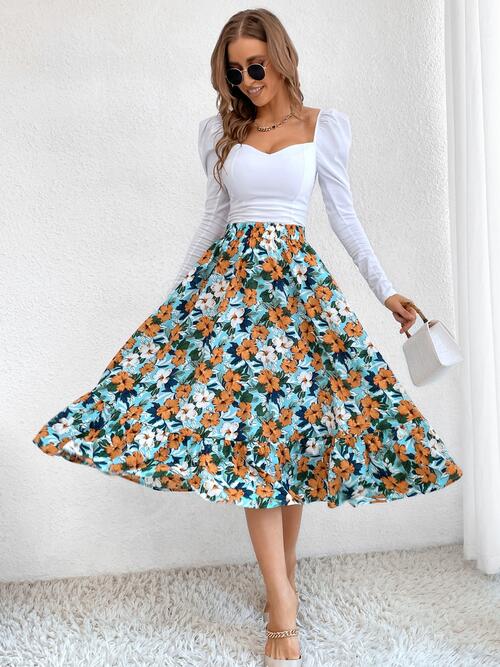 swvws Printed Ruffle Hem Midi Skirt