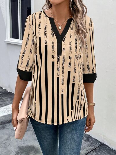 swvws Striped Notched Half Sleeve Blouse