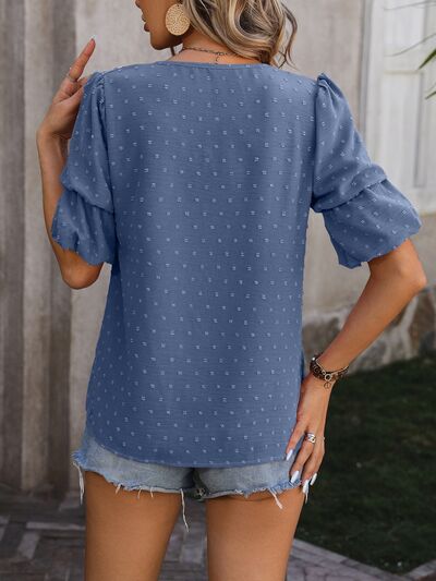 swvws Swiss Dot V-Neck Short Sleeve Blouse