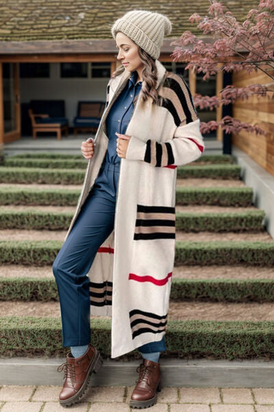 swvws Striped Open Front Long Sleeve Longline Sweater Cardigan