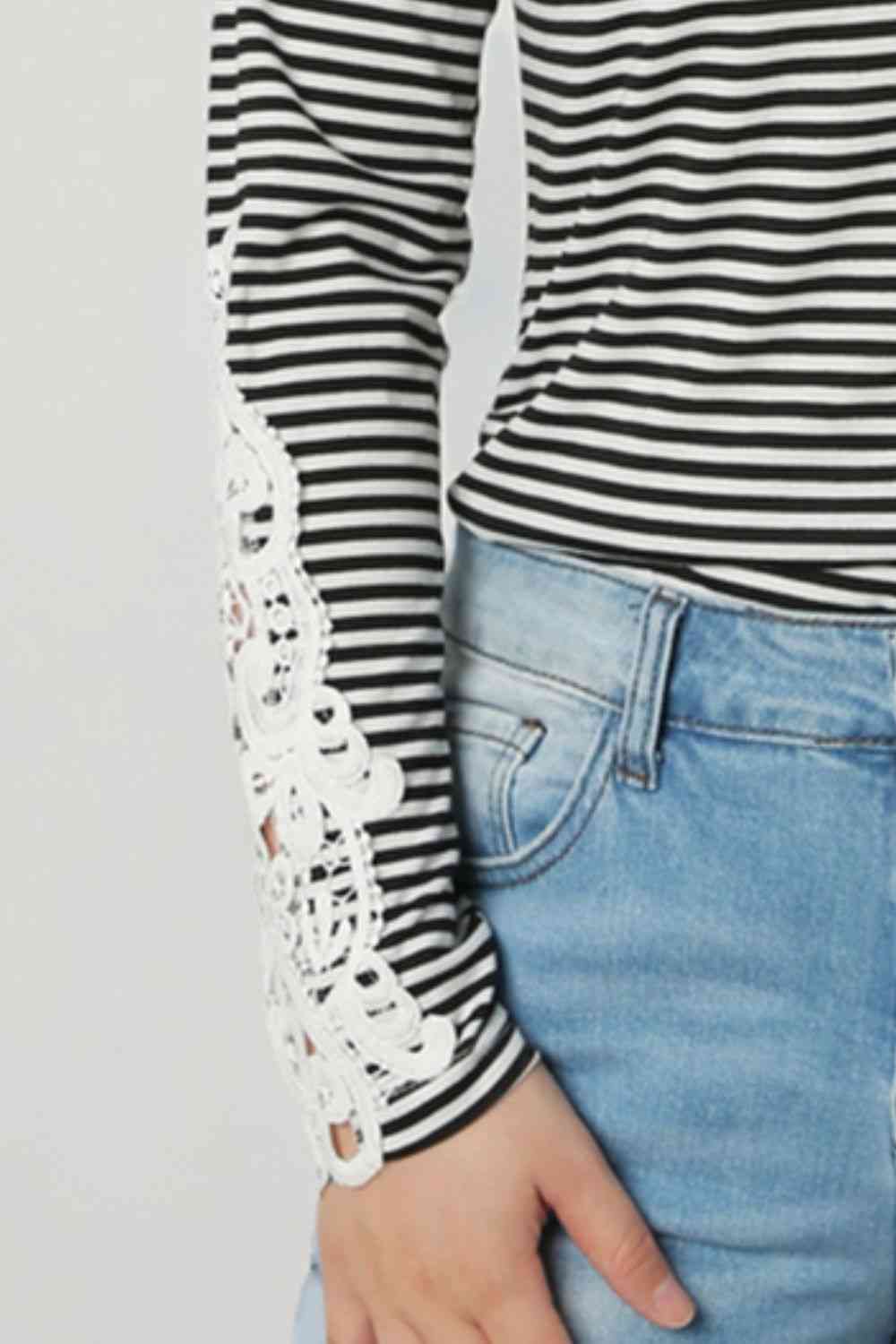 swvws Striped Round Neck Long Sleeve Lace Trim T-Shirt