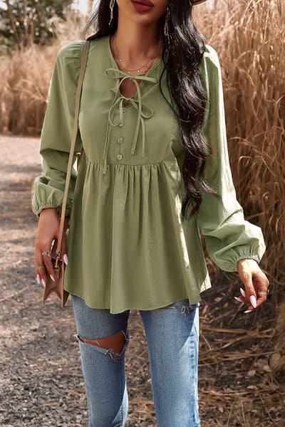 swvws Tied Decorative Button Balloon Sleeve Blouse