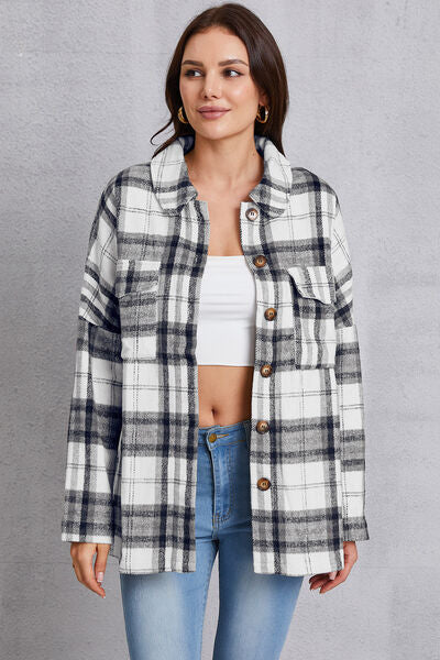 swvws Plaid Button Up Dropped Shoulder Outerwear