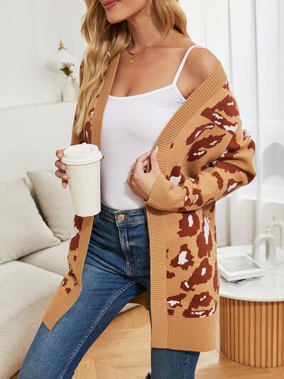 swvws Leopard Open Front Dropped Shoulder Cardigan