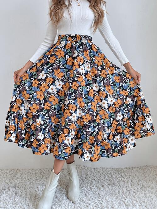 swvws Printed Ruffle Hem Midi Skirt