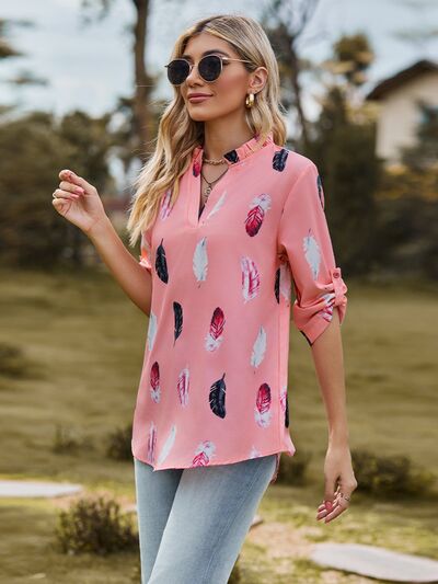 swvws Printed Frill Notched Roll-Tab Sleeve Blouse