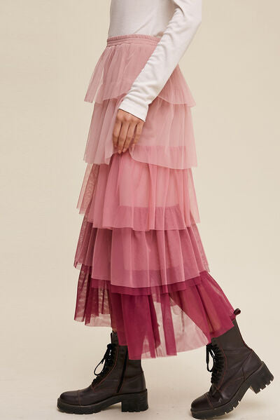 swvws Elastic Waist Layered Tulle Midi Skirt