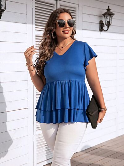 swvws Plus Size V-Neck Flutter Sleeve Blouse