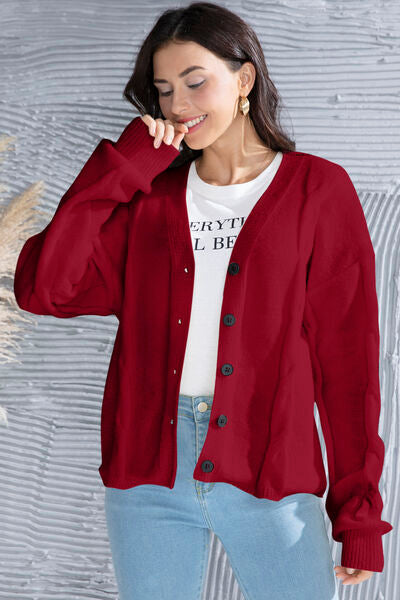 swvws Button Up V-Neck Drop Shoulder Long Sleeve Cardigan