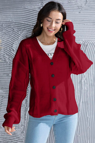 swvws Button Up V-Neck Drop Shoulder Long Sleeve Cardigan