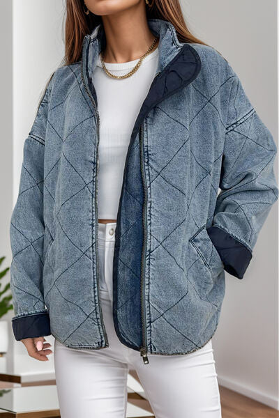 swvws Pocketed Zip Up Dropped Shoulder Denim Jacket