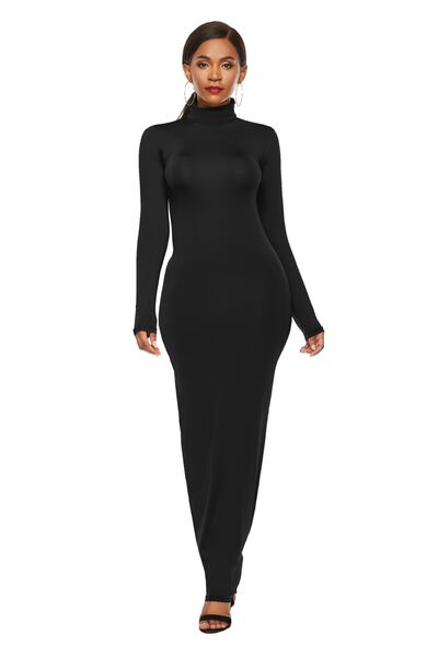 swvws Mock Neck Long Sleeve Maxi Slim Dress