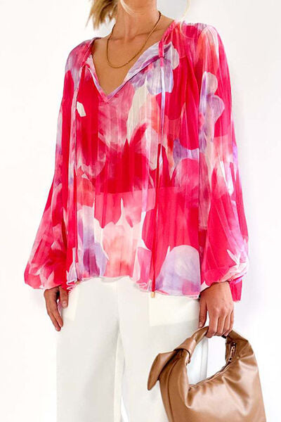 swvws Printed Tie Neck Balloon Sleeve Blouse