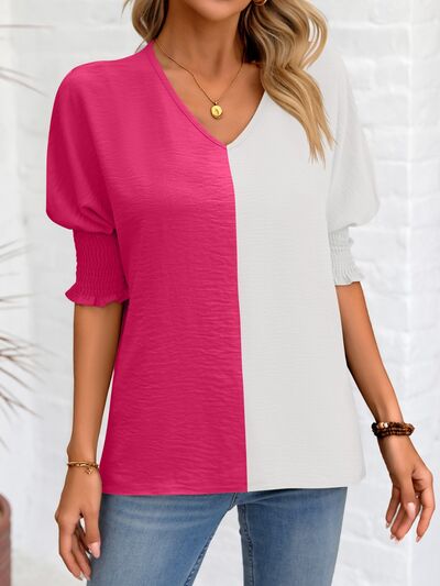 swvws Contrast V-Neck Lantern Sleeve Blouse