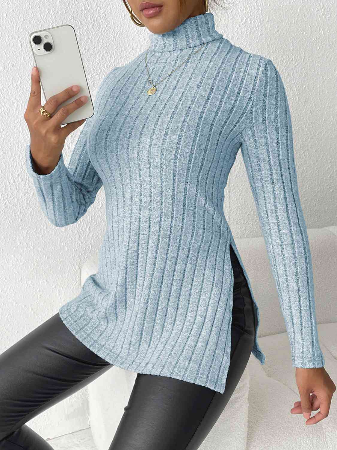 swvws Ribbed Turtleneck Long Sleeve Slit T-Shirt