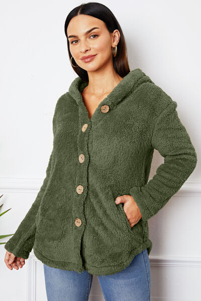 swvws Fuzzy Button Up Hooded Outerwear