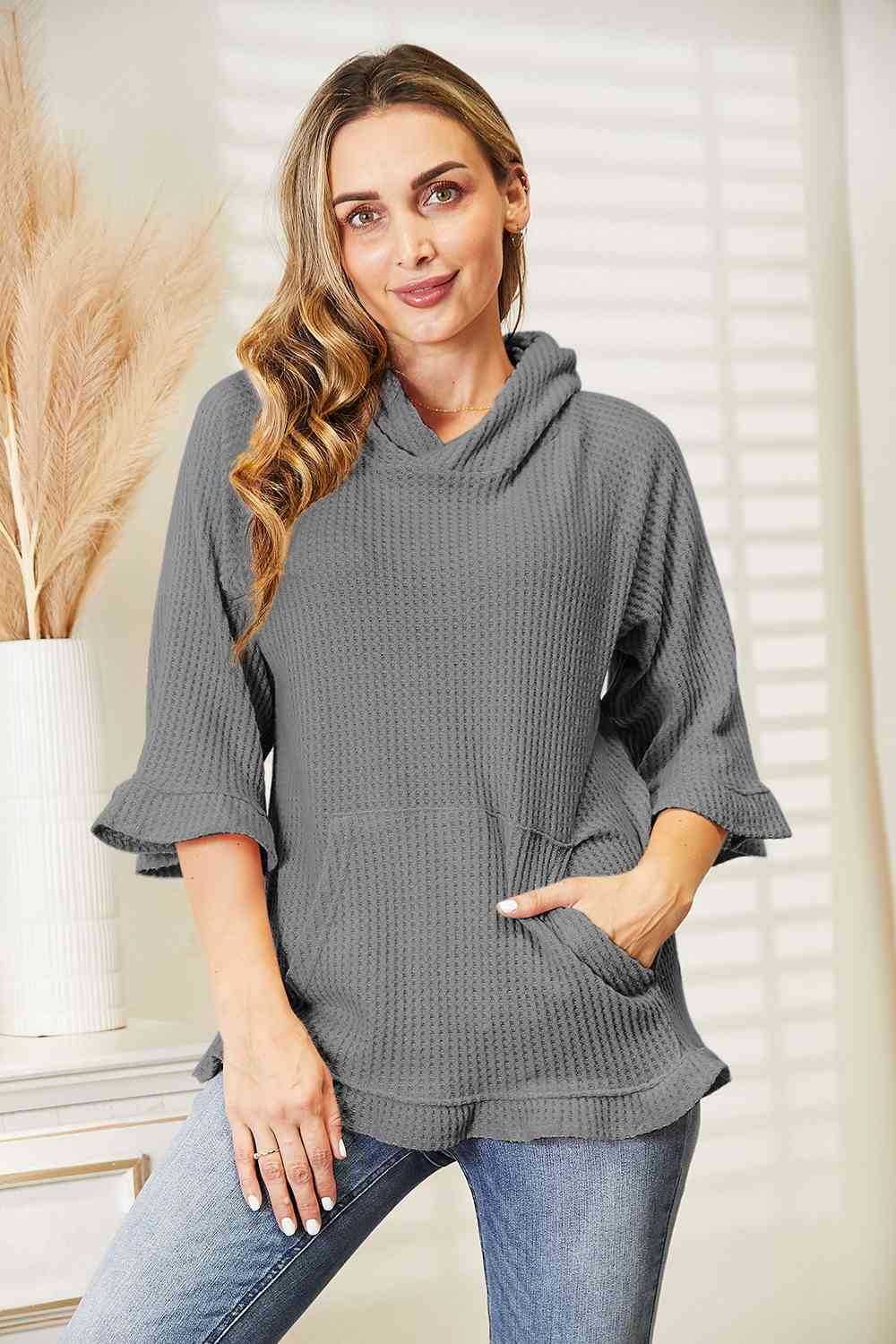 swvws Full Size Waffle-Knit Ruffle Hem Hoodie