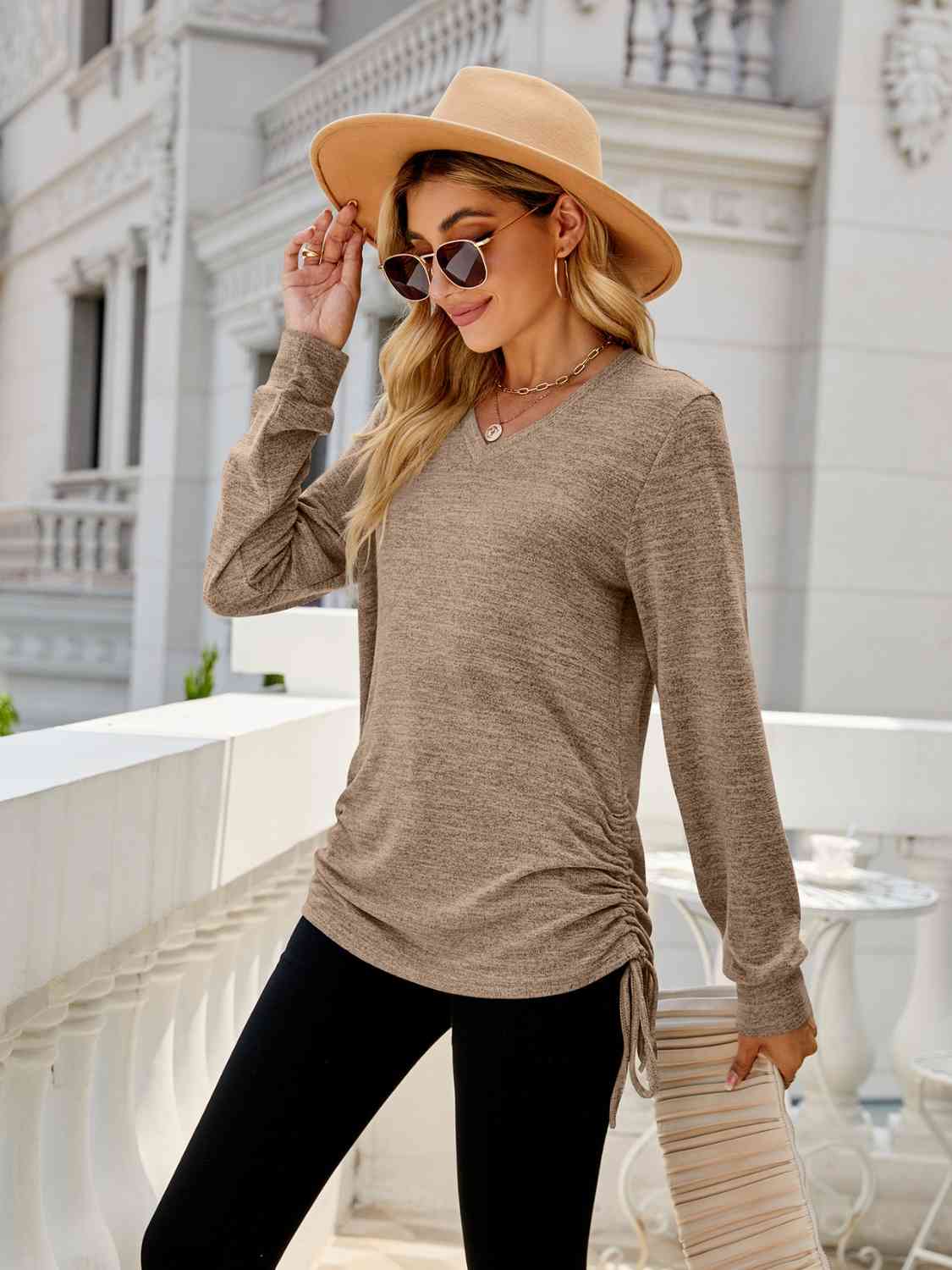 swvws Drawstring V-Neck Long Sleeve T-Shirt