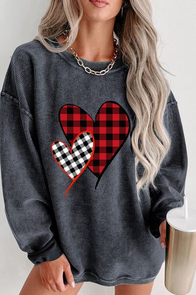 swvws Heart Round Neck Dropped Shoulder Sweatshirt