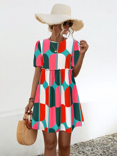 swvws Geometric Frill Round Neck Short Sleeve Dress