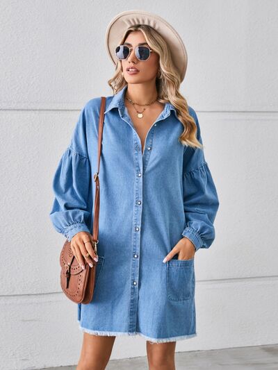 swvws Button Up Pocketed Raw Hem Denim Dress