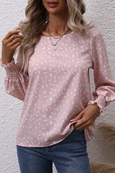 swvws Printed Round Neck Lantern Sleeve Blouse