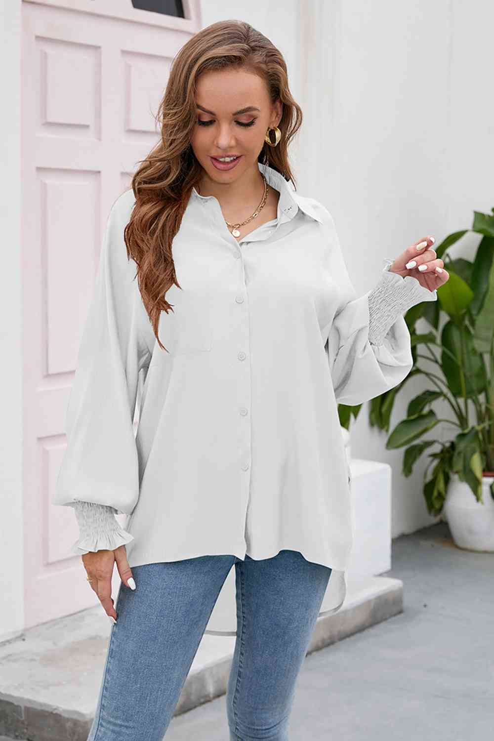 swvws High-Low Collared Neck Lantern Sleeve Shirt