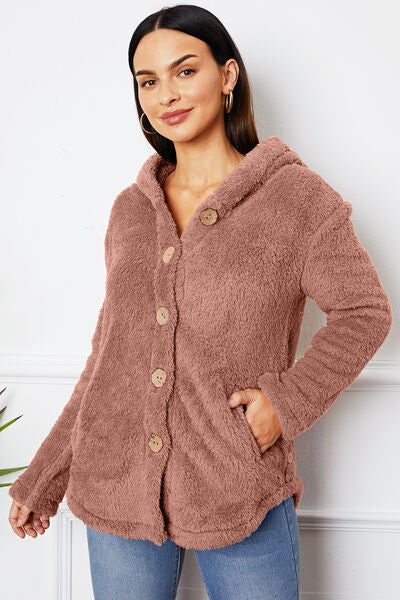 swvws Fuzzy Button Up Hooded Outerwear