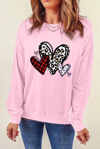 swvws Heart Round Neck Dropped Shoulder Sweatshirt