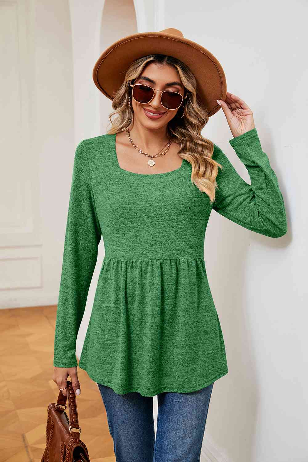 swvws Square Neck Long Sleeve Peplum Top