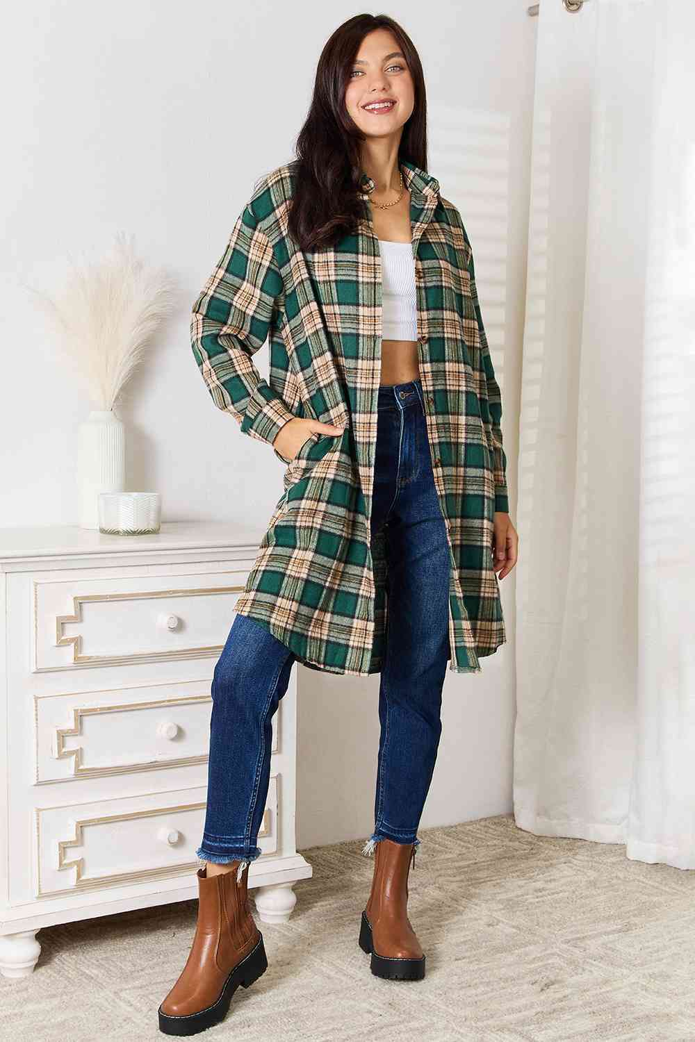 swvws Double Take Plaid Collared Neck Long Sleeve Shirt