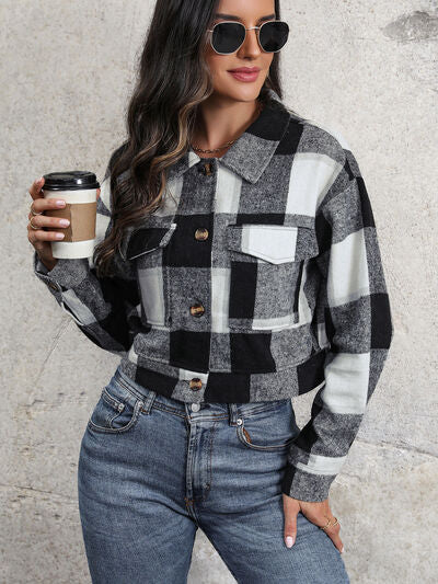 swvws Plaid Button Up Drop Shoulder Cropped Jacket