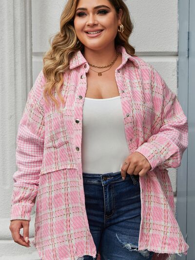 swvws Plus Size Plaid Pocketed Snap Down Jacket