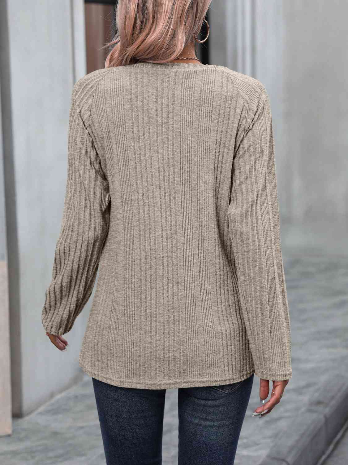 swvws Ribbed Buttoned Round Neck Long Sleeve T-Shirt