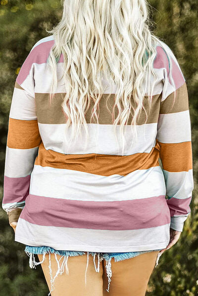 swvws Plus Size Striped Slit Long Sleeve T-Shirt