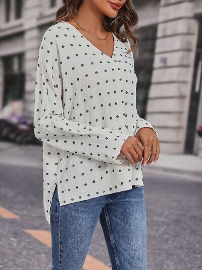 swvws Swiss Dot V-Neck Long Sleeve Blouse