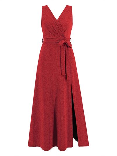 swvws Slit Surplice Tie Waist Sleeveless Dress