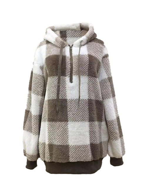 swvws Plaid Half Zip Drawstring Hoodie