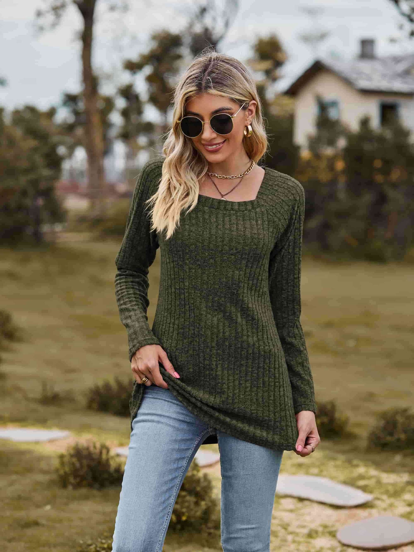 swvws Ribbed Square Neck Long Sleeve Tee