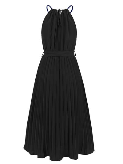 swvws Pleated Spaghetti Strap Tie Waist Midi Dress