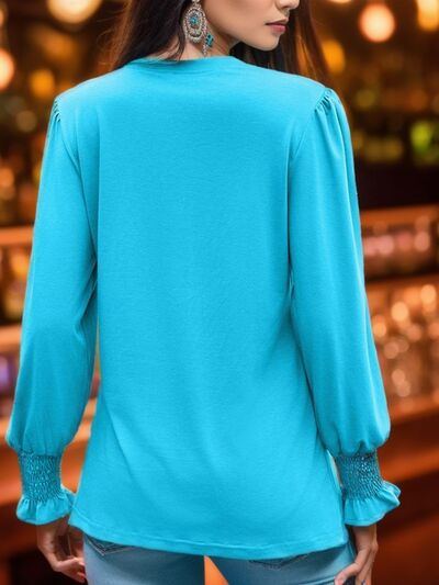 swvws Notched Smocked Flounce Sleeve Blouse