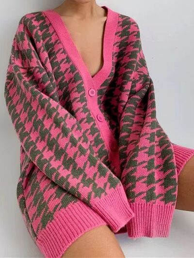 swvws Houndstooth Button Up Long Sleeve Cardigan