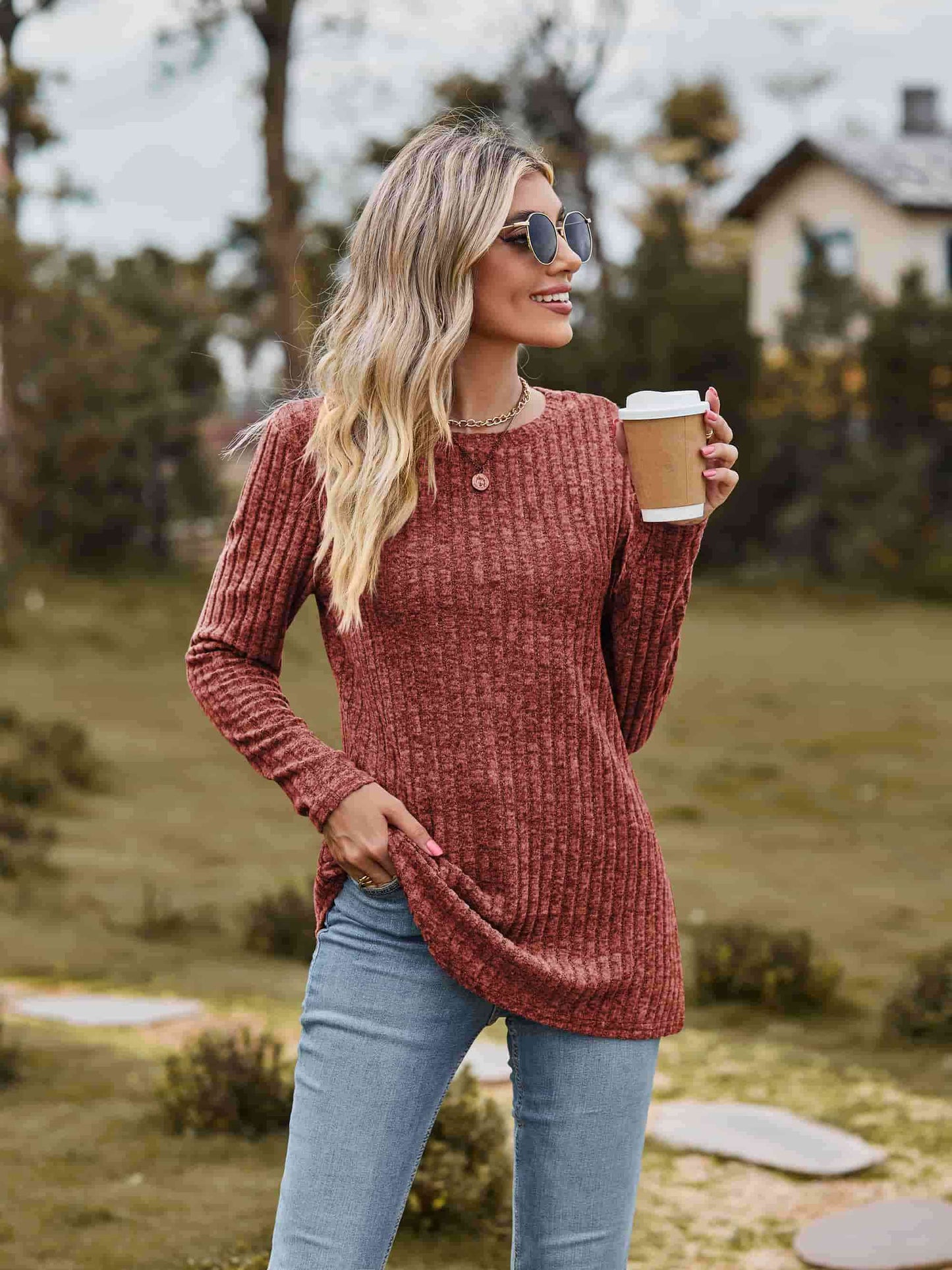 swvws Ribbed Round Neck Long Sleeve Tee