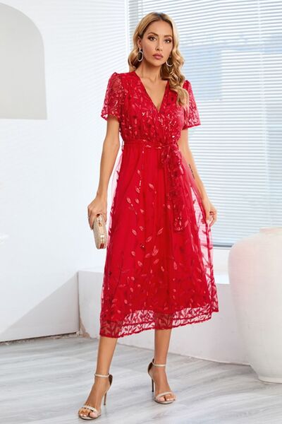 swvws Sequin Leaf Embroidery Tie Front Short Sleeve Dress