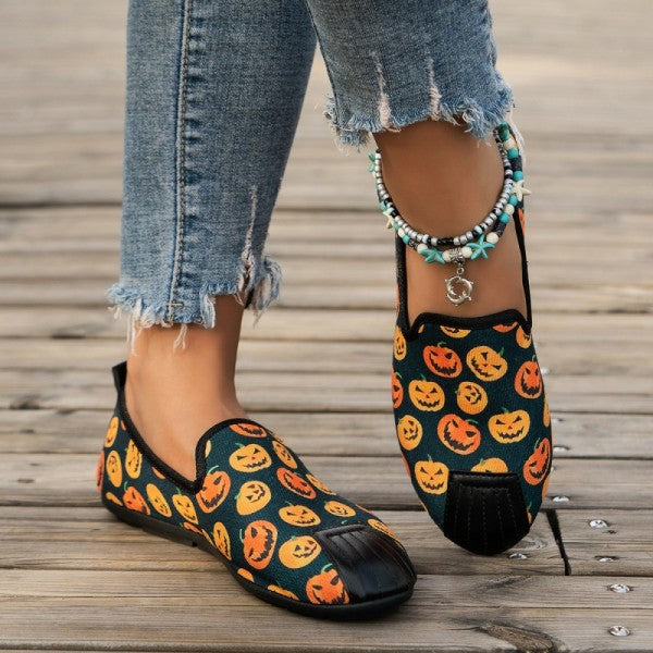 swvws - Halloween Cream White Casual Patchwork Printing Round Comfortable Flats Shoes