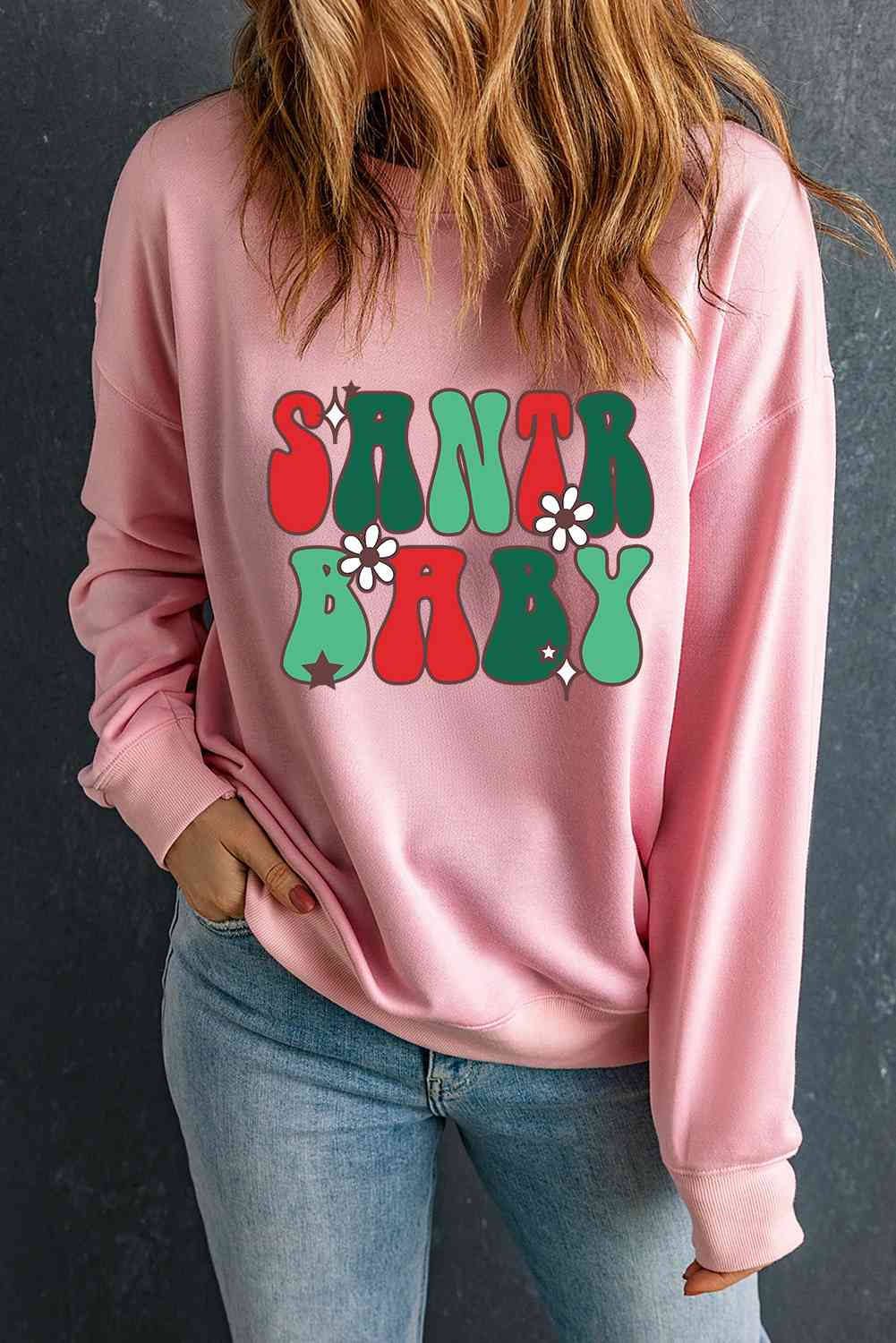 swvws SANTA BABY Graphic Round Neck Sweatshirt