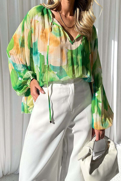 swvws Printed Tie Neck Balloon Sleeve Blouse