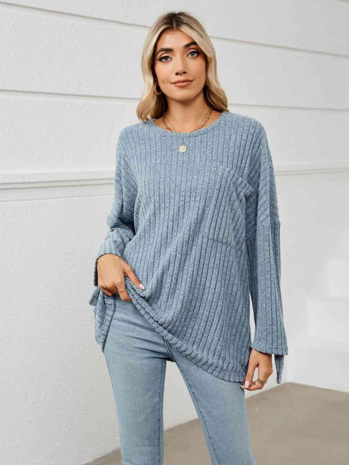 swvws Round Neck Ribbed Long Sleeve T-Shirt