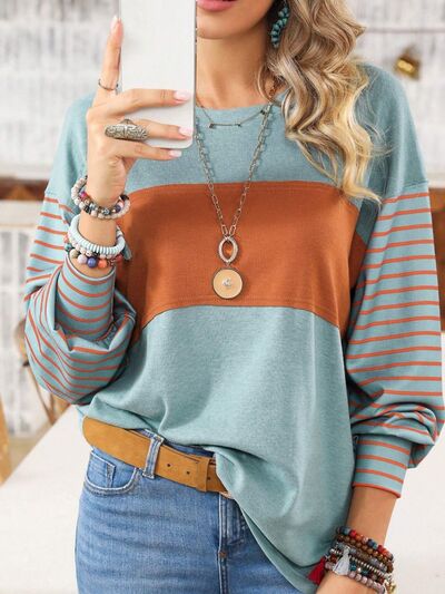 swvws Round Neck Striped Long Sleeve Slit T-Shirt