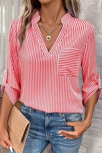 swvws Striped Notched Roll-Tab Sleeve Shirt